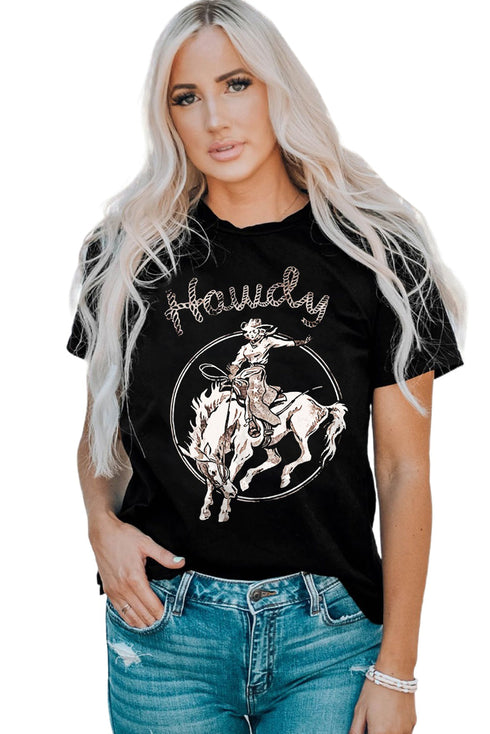 Black Howdy Western Cowboy Graphic Print Crewneck T Shirt